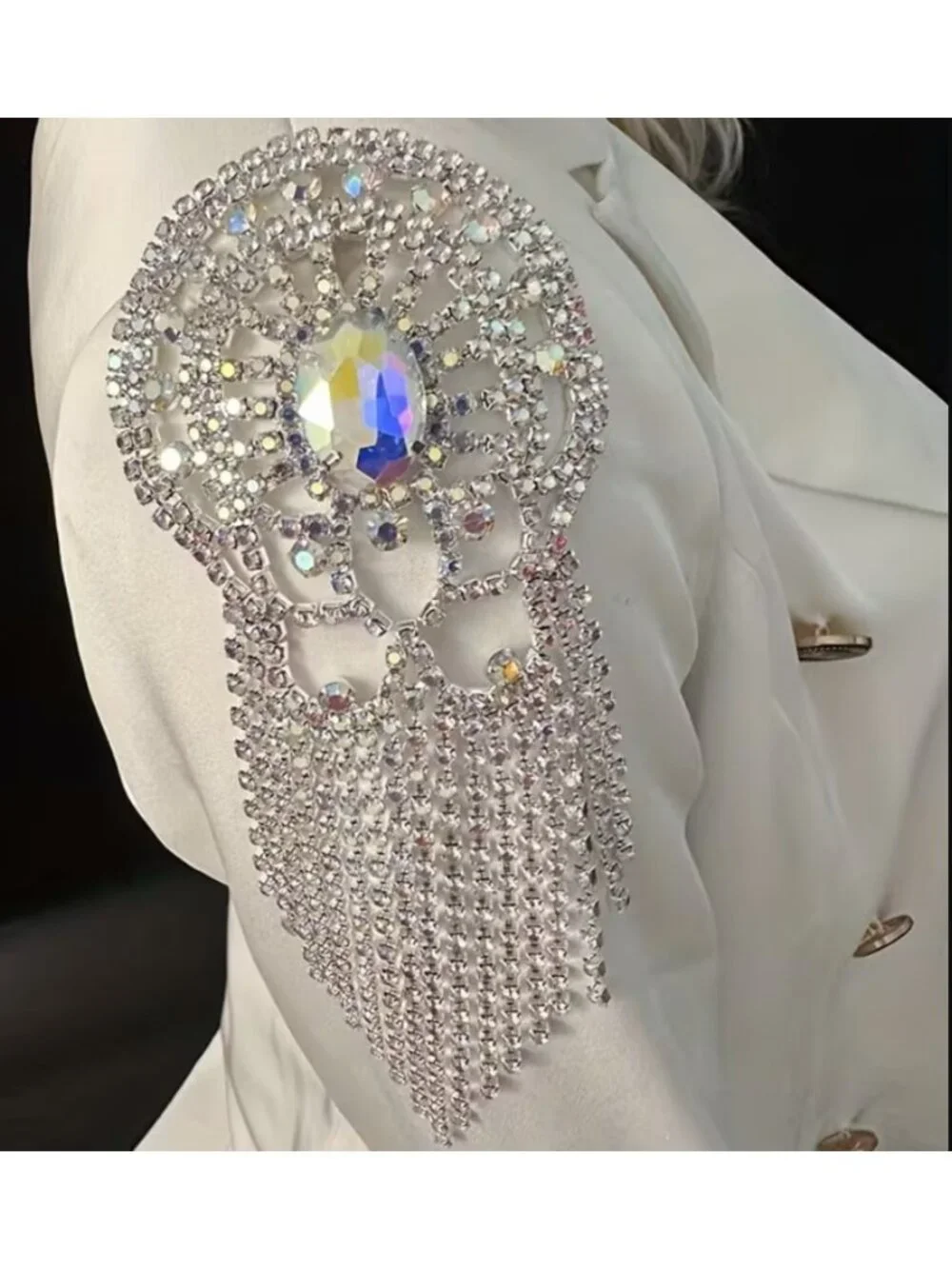 Luxurious Gold Rhinestone Floral Shoulder Epaulette Brooch Sparkling Fringe